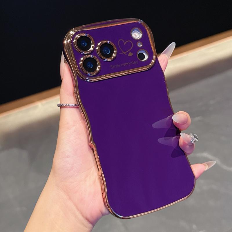 for iPhone 17 Pro Max 16 15 14 13 12 Case for Women Girls, Cute Wave Frame Curly Shape with Love Heart Pattern Raised Camera Protection Cover Luxury Plating Shockproof Phone Case