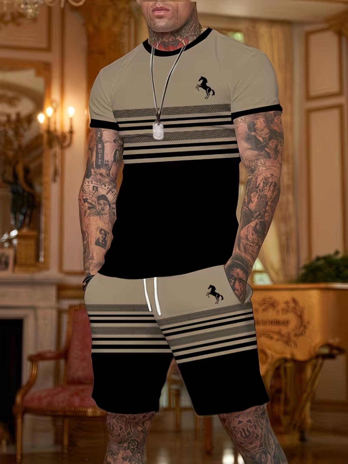 Men's Summer Casual Two-Piece Set, Round Neck Short Sleeve T-Shirt & Drawstring Pocket Shorts, Stretch Knit Fabric, Outdoor Sports