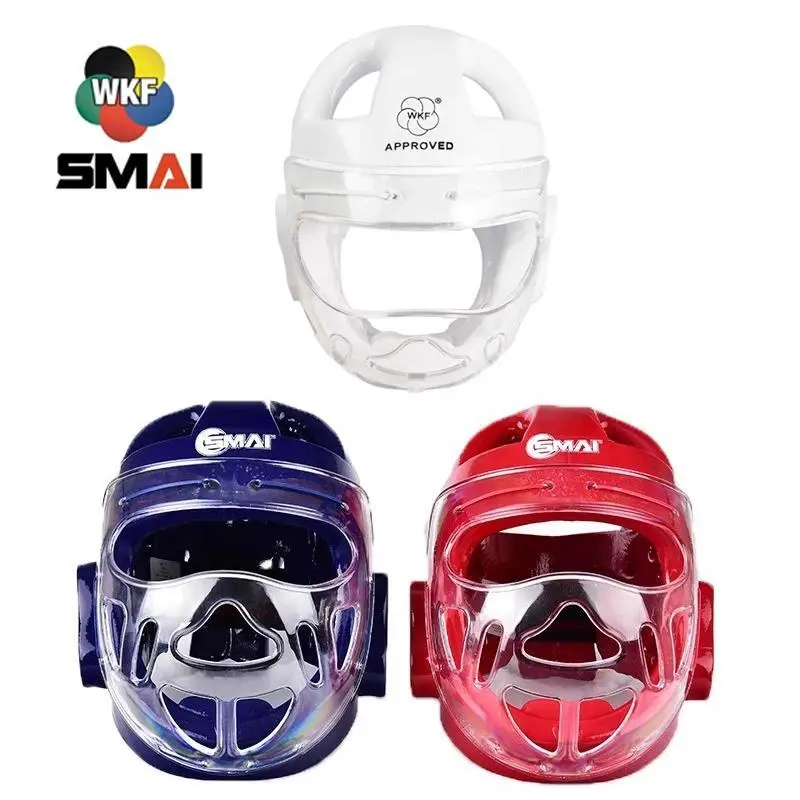 WKF Approved SMAI Kids Karate Head Guard With Mask Adult Children White Blue Red Head Mask Headgear Protection