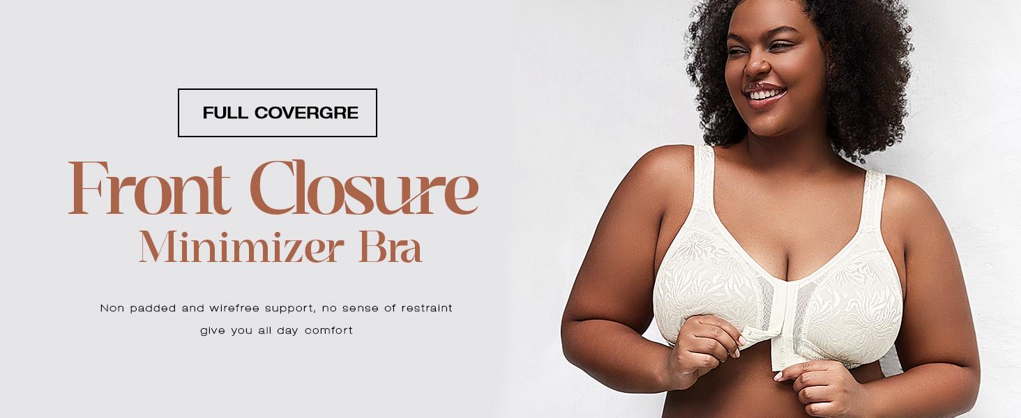 Wingslove Women's Front Closure Minimizer Bra Full Coverage Wirefree Comfort Bras Non Padded Plus Size Underwear