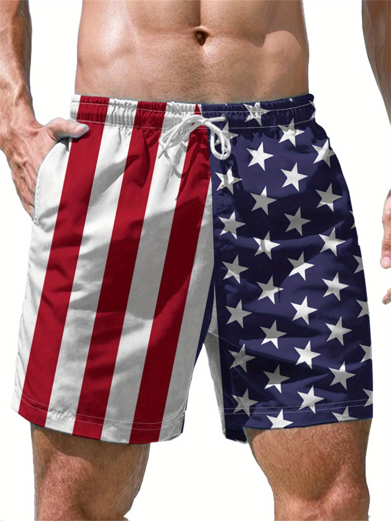 Men's American Flag Beach Shorts, Swimwear Shorts, Drawstring Swim Shorts, Quick-Dry Breathable, Holiday Essential, Fashion Casual Short Pants for Summer