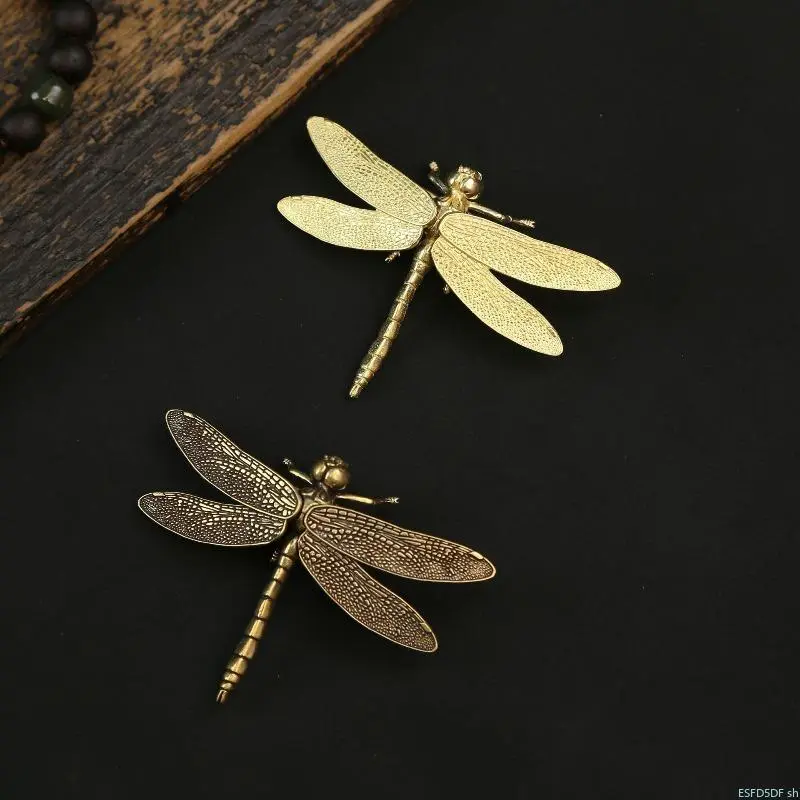 Handcrafted Look Brass Dragonfly Ornament - Old Dragonfly with Large Removable Wings, Vintage Tea Pet Figurine, Home Office Decoration, Golden Desktop Accent, Gift for DIY Bag Accessories & Luggage Bag Add-ons