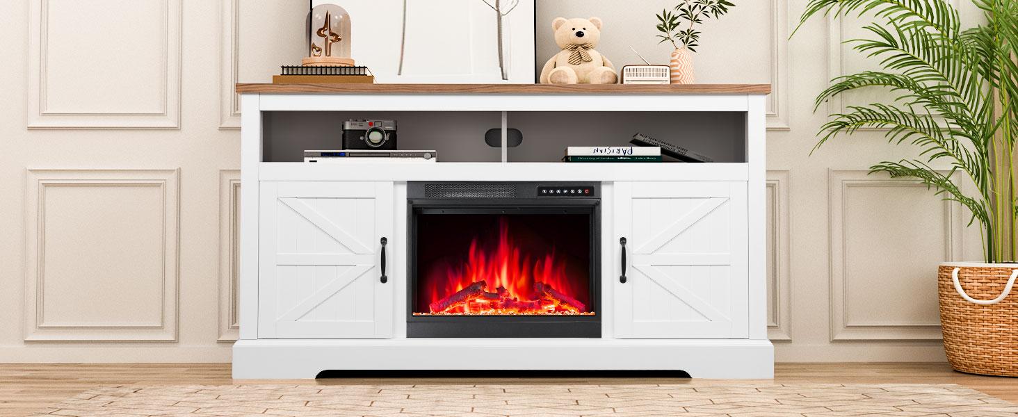 COWSAR Electric Fireplace TV Stand for TVs up to 70", Free Standing 23'' Fireplace Heater with Remote Control, Modern Farmhouse Entertainment Stand for Living Room
