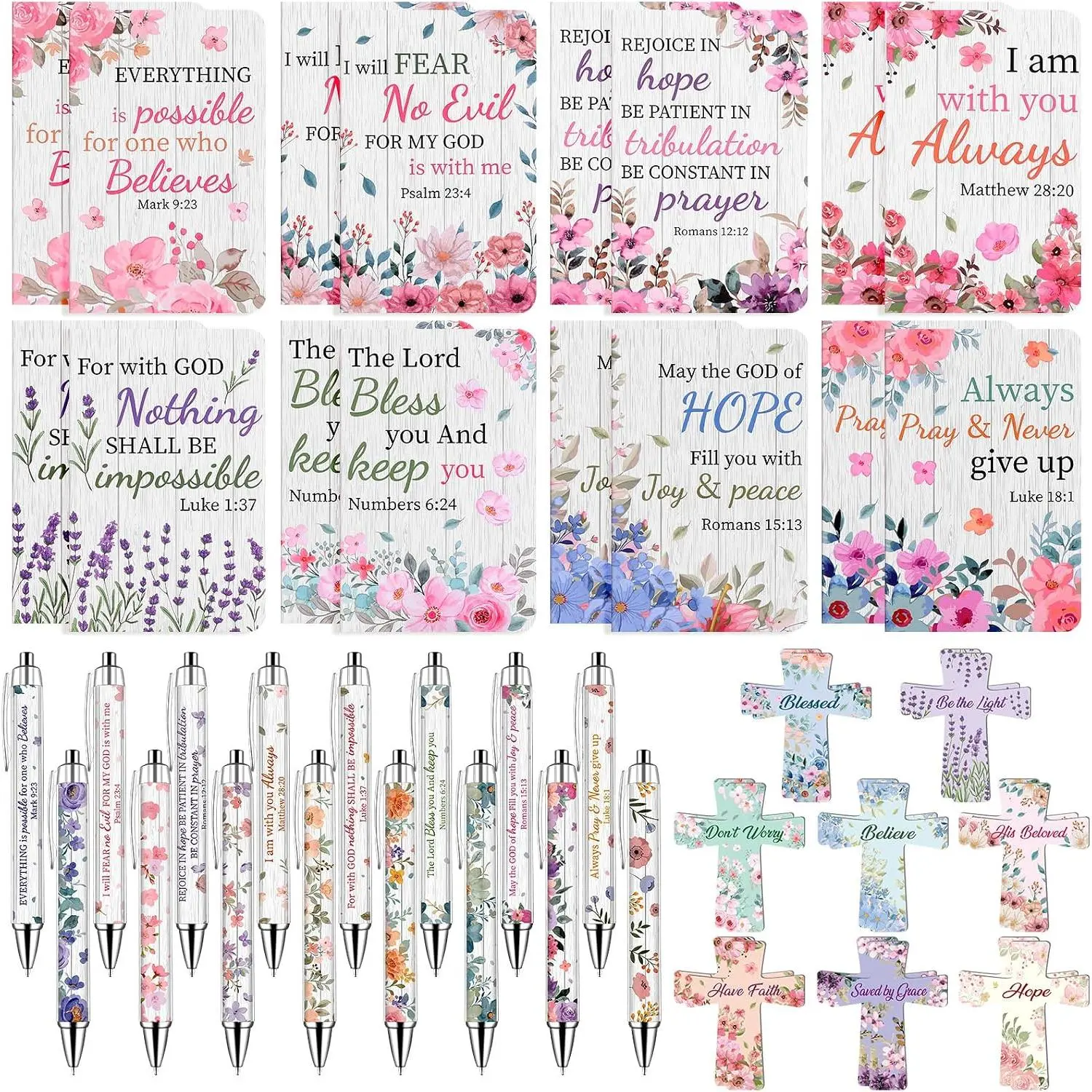 48 count Flower  Verse Pens with Notebooks Christian Gifts for Women | Religious Notepad Christian Ballpoint Pen  Bookmarks Church Party Favors for Colleagues Coworker Office School Supplies