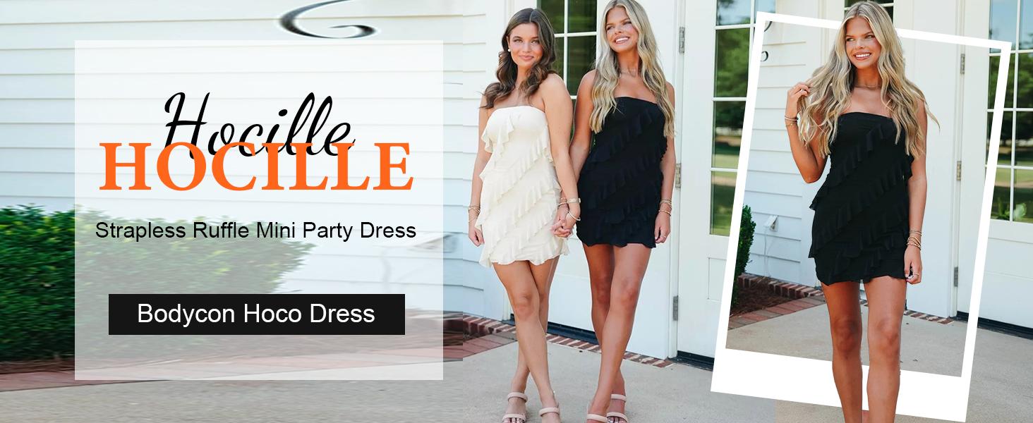 HOCILLE Stretchy Mesh Ruffle Mini Dress - Sexy Strapless Bodycon Spring Date Night Outfit, Tummy Control Snatched Graduation Dress, Elegant Tube Top Party Clubwear for Women 2026