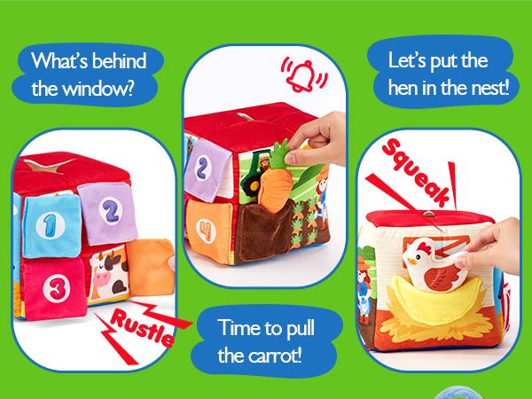 hahaland Seek and Find Sensory Farm Animals Plush toyset- 13 PCS  6-12 Months Montessori Toys for 6 Month Old Gifts Stocking Stuffers Whats Inside Box with Rattle Crinkle Squeaker Preschool Busy Board Wooden Busy Board