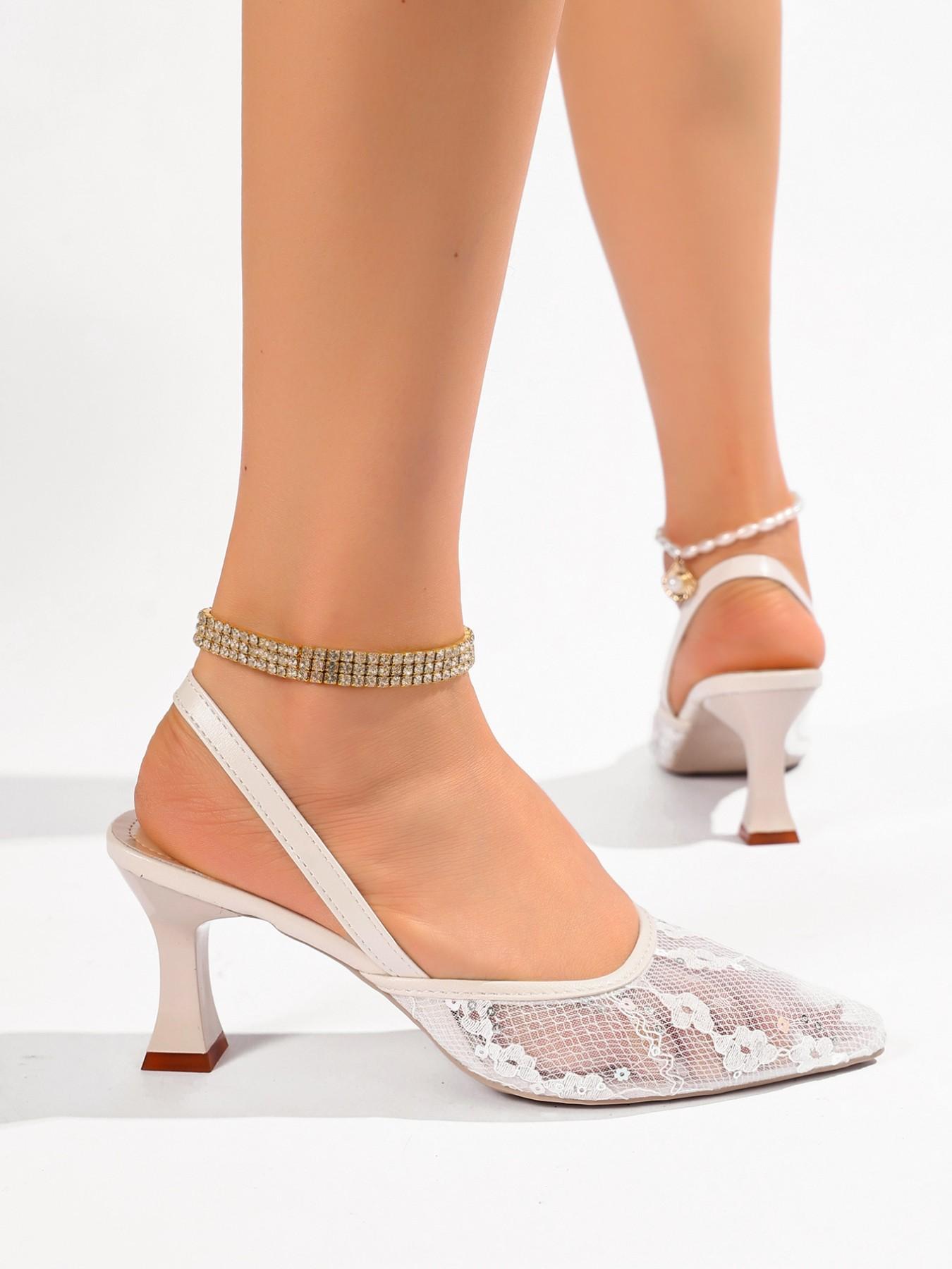 Women's Mesh Embroidered Back Strap Wedding Shoes, Pointed Toe Low Heel Sandals, Elegant Daily Wear, Perfect for Weddings