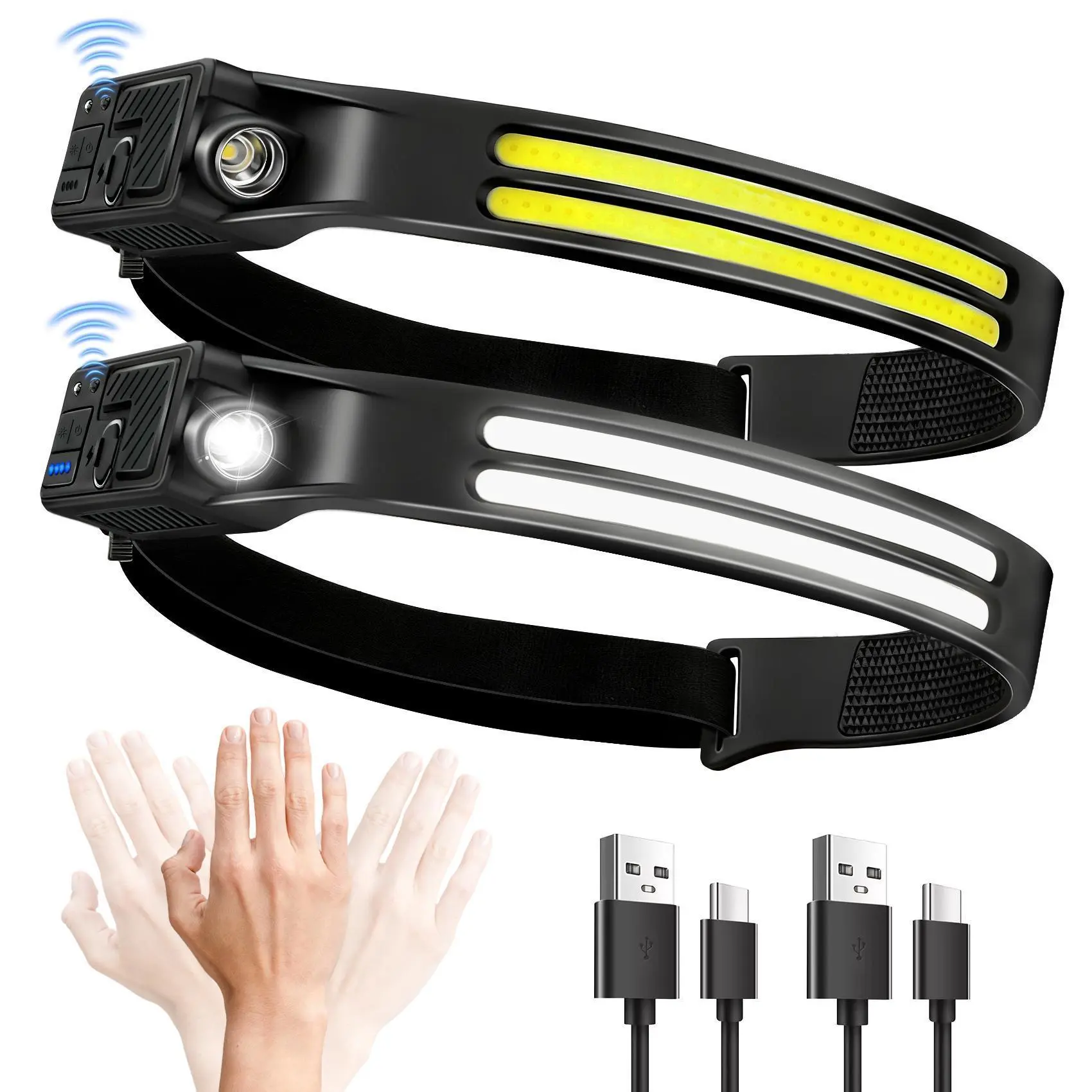 [2026 New] Rechargeable LED Headlamp Flashlight - 230° COB Super Bright Hard Hat Headlight with Adjustable Elastic Headband, USB-C Tech, Motion Sensor, Blue Light Blocking, Outdoor Work Essential, Christmas, Father's Day, Valentine's Day Gift for Men