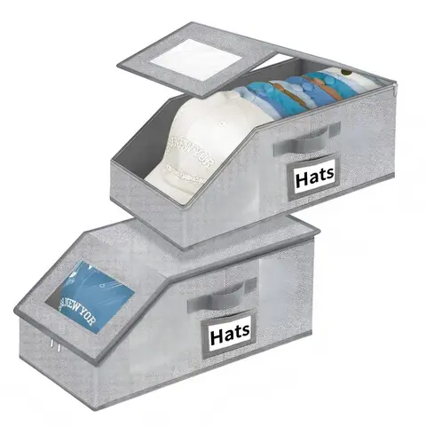 2-Pack Modern Trapezoid Fabric Storage Units - Space Saver, Dustproof Breathable Closet Bin with Sturdy Cardboard Snapback, 17" L × 8.7" W × 6.7" H, Holds Up to 24 Baseball Hats for Men, Grey Home Storage Organization Solution