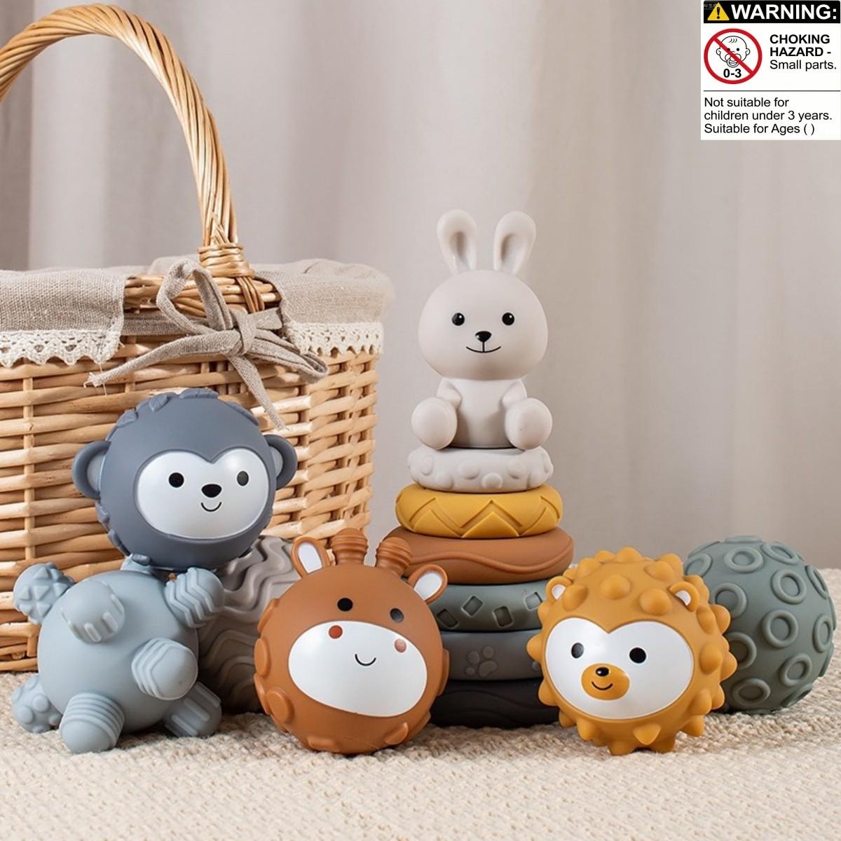 13pcs Baby Hand Grip Ball Toy, Soft Gel Blocks, Stacking Rings, Sensory Stimulus, Shape Recognition, Suitable for Kids Aged 6+ Months