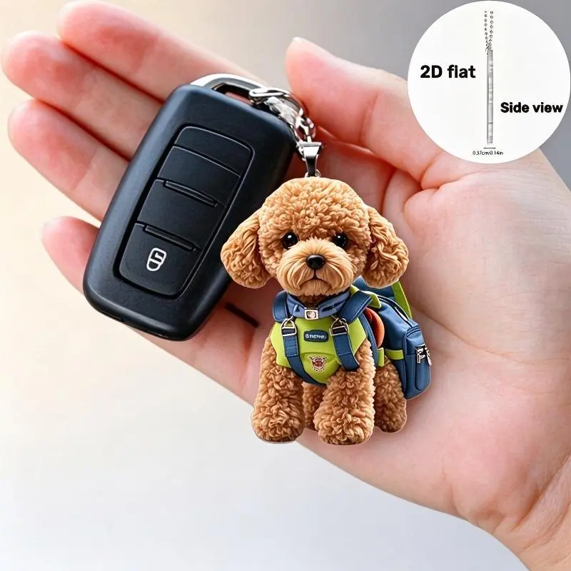 Cute Teddy Dog 2D Flat Slim Acrylic Keychain | HD Print Scratchproof Unisex Key Chain | Poodle Backpack Ornament Car Pendant Gift for Dog Lovers