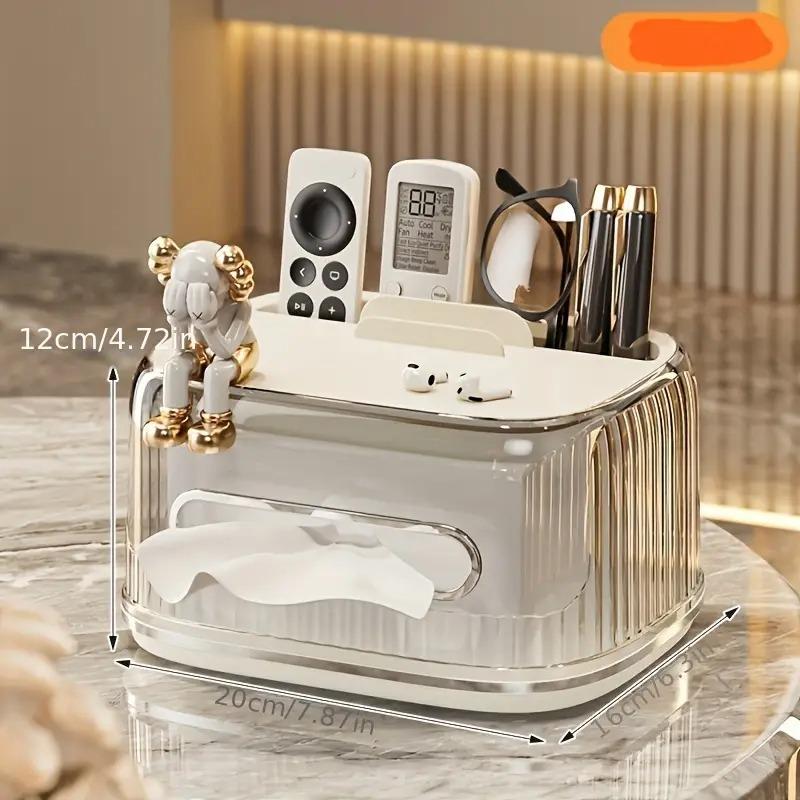 Transparent Desk Tissue Box Dispenser Bin with 4 Storage Functions, Paper Towel Holder, Drawer, Remote Control Storage, Modern Home Office Accessories, Bathroom Organizer