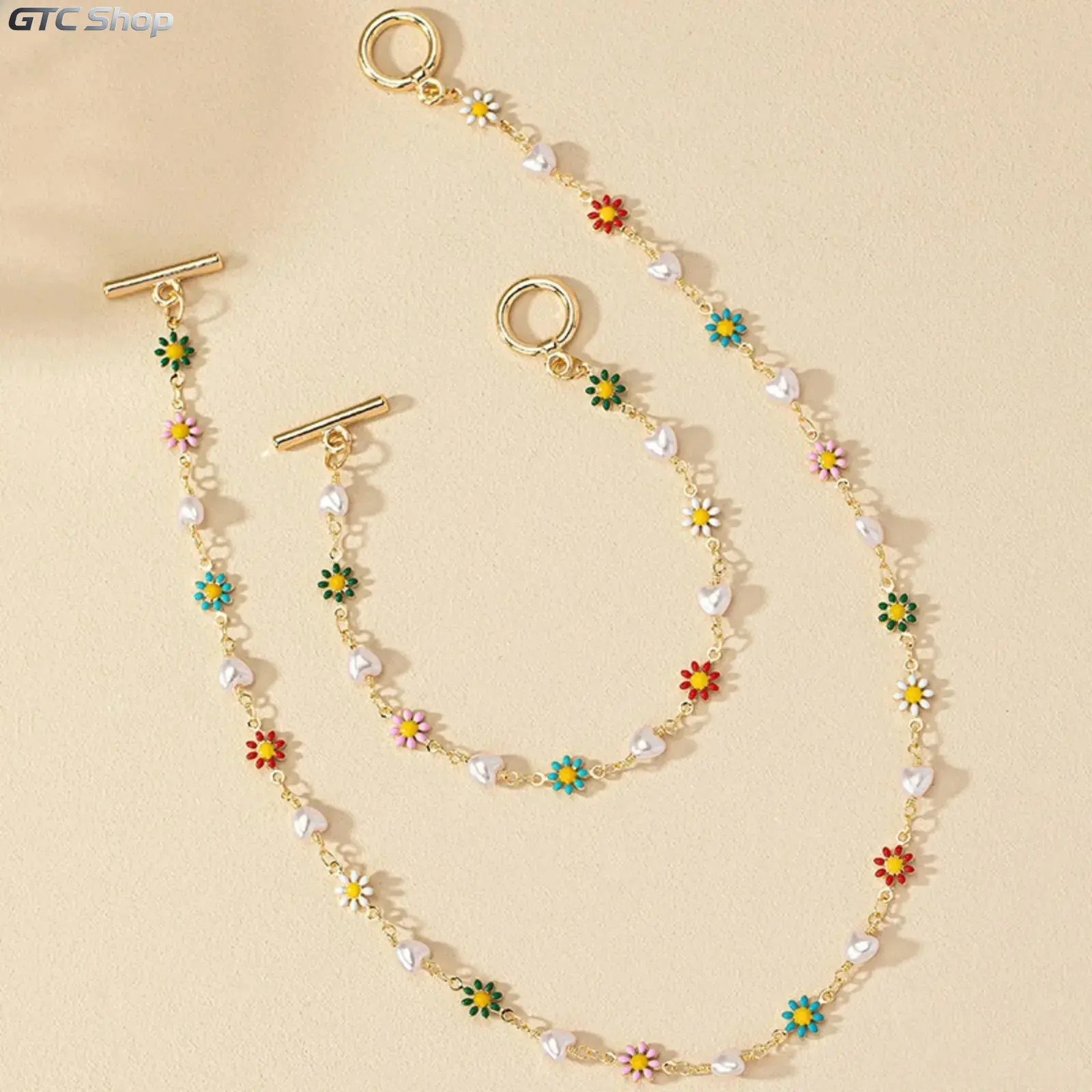 Women's Colorful Daisy & Heart Pearl Jewelry Set, Trendy Korean Style Necklace & Bracelet Chain, Elegant Minimalist Accessory, Fashion Matching Jewelry for Daily Commute, Casual Outfits & Holiday Gifting