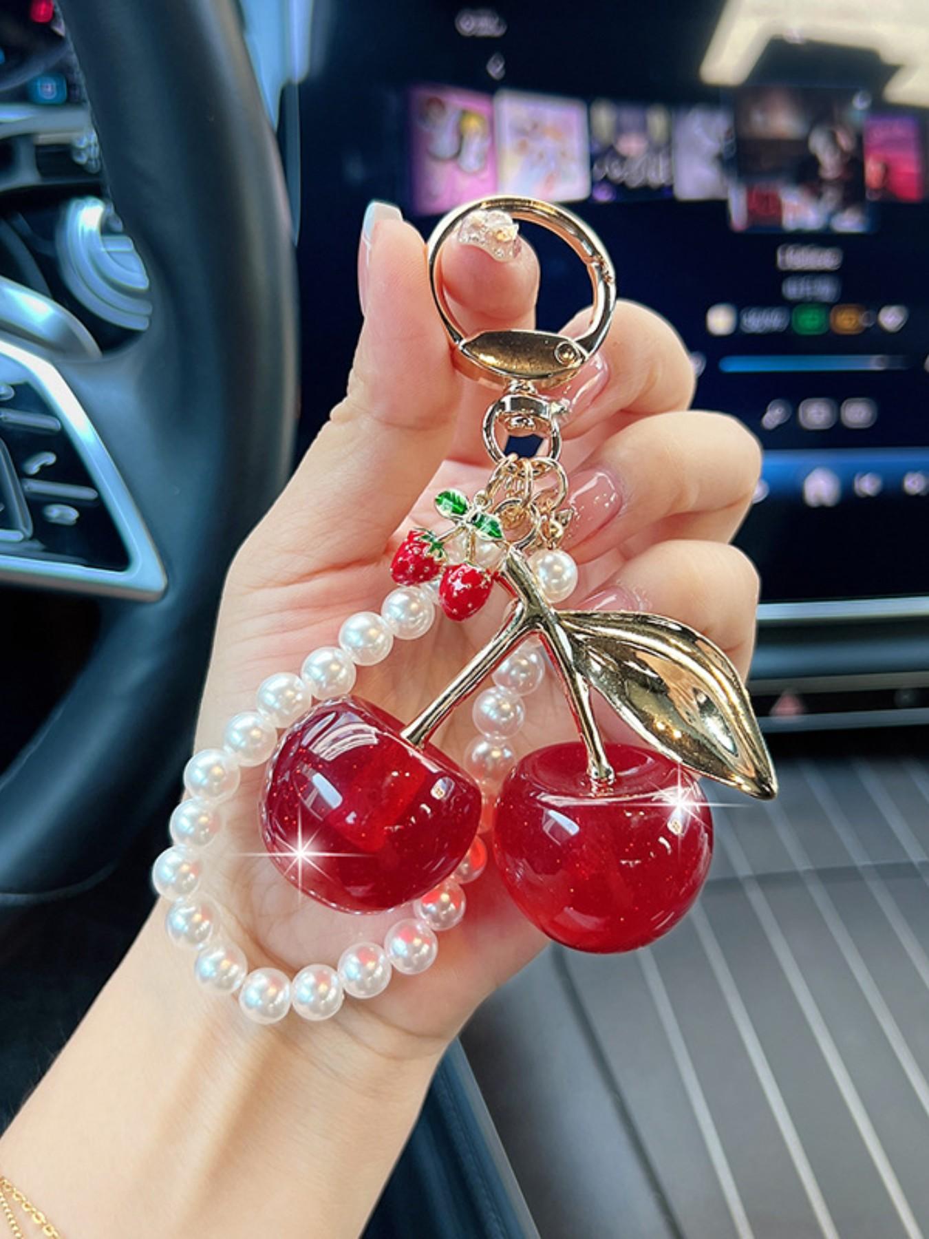 Women's Pearl Chain Sparkle Cherry Fashion Car Keychain, Creative Bag Decoration Charm, Stylish Key Ring Gift Choice, All Seasons, Keychain For Bags