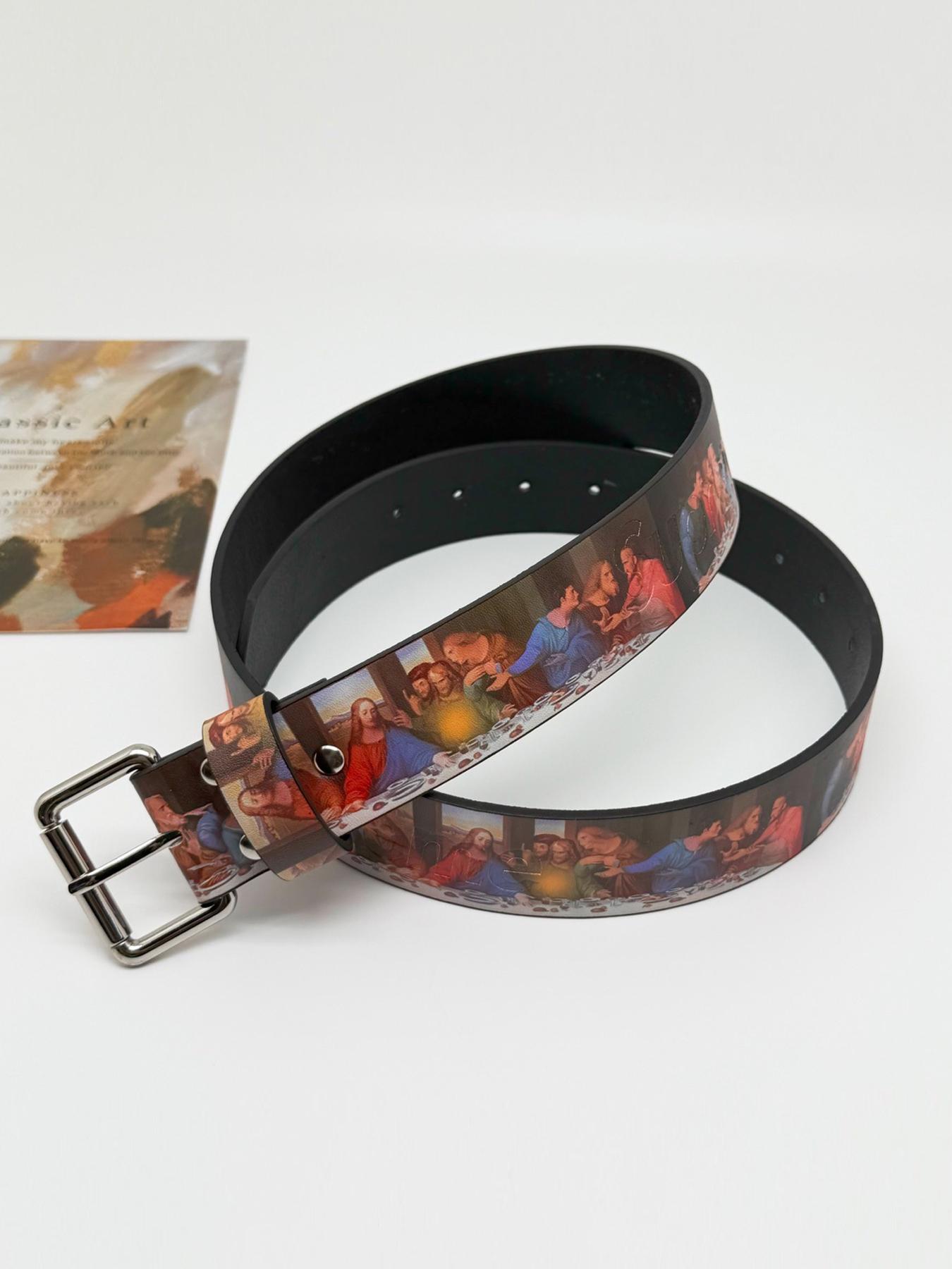 Women's Vintage  Leather Belts for Jeans Pants Fashion Trendy Exquisite Belt Ladies Belt with Silver Buckle & Oil Painting Print Street Style Belt Vintage Western Belt