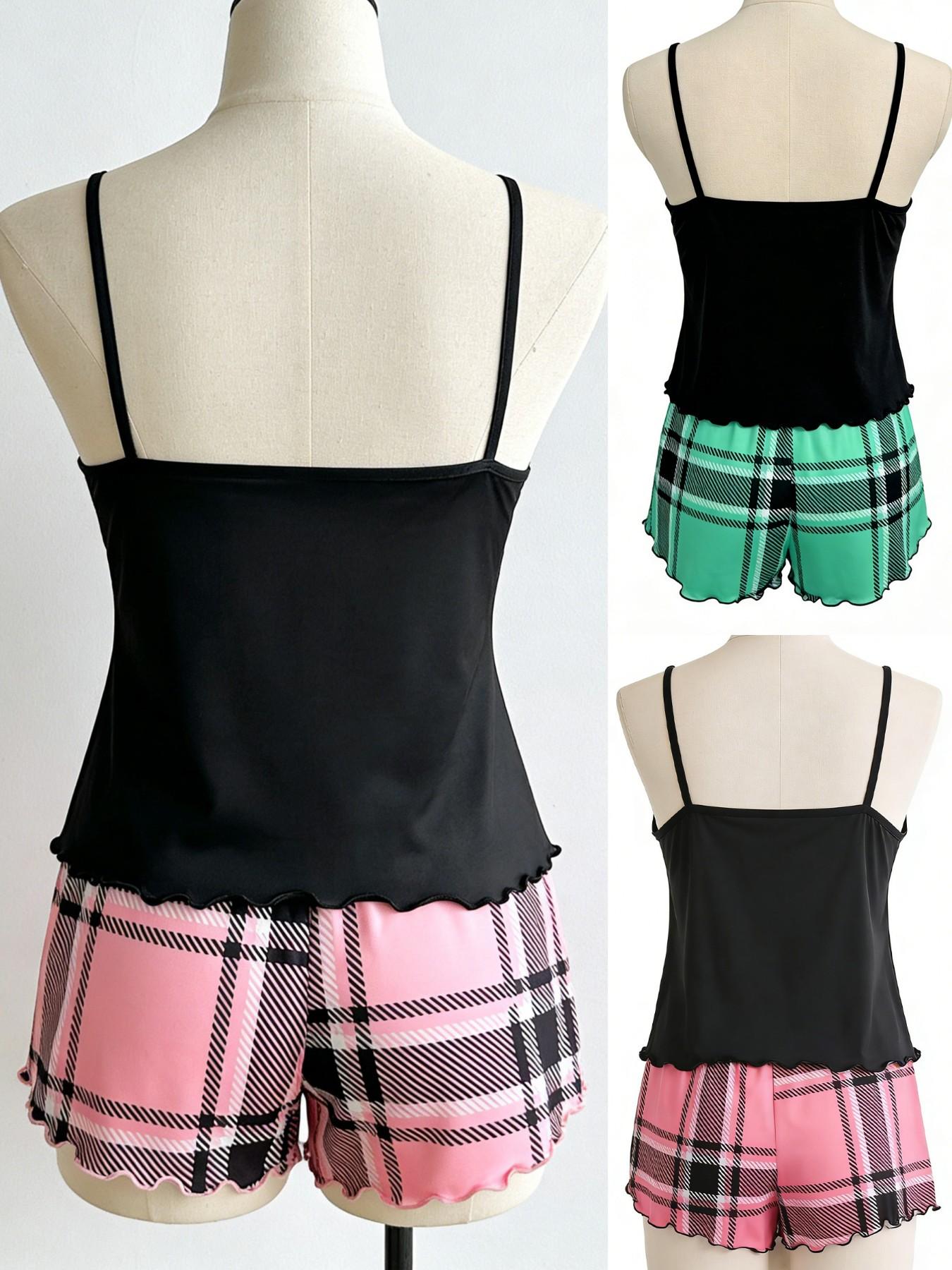 3-Piece Set, Plaid Heart Print Spaghetti Strap Tank Top & Shorts Pajamas, Trim Ruffle Design, Sweet Cool Girl Style, Breathable Home Sleepwear, Feminine, Love
