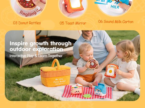 Hahaland Baby Toys 6-12 Months – Picnic Basket Sensory Toy with Crinkle, Rattles, Teether & Mirror, Montessori Play Food Plush for Early Development, Baby Shower Gift for 1+ Years Boys & Girls