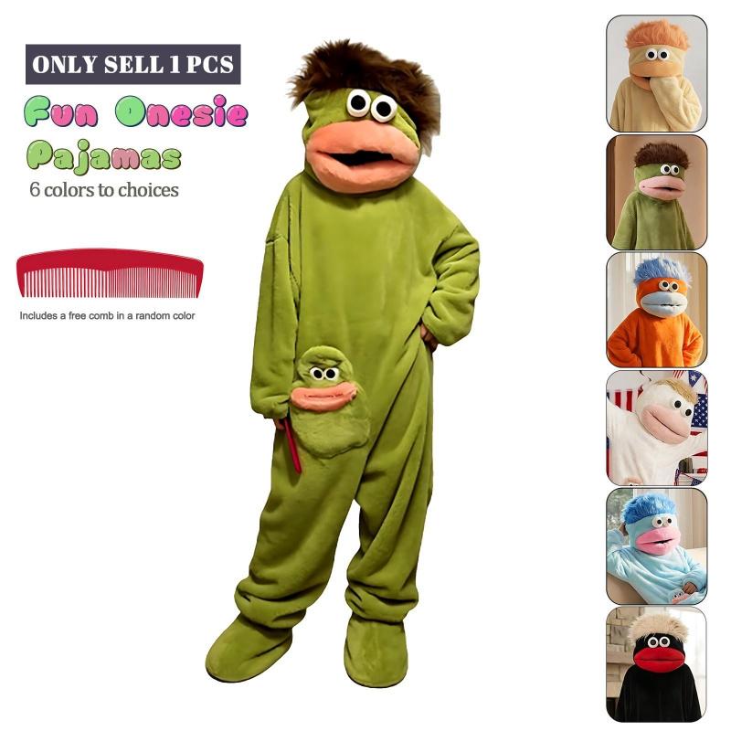 Funny Onesie Party, Comfortable Hooded Flannel Pajama Set, 3-Piece Includes Pajamas Comb Shoe Covers, Cute Monster Design