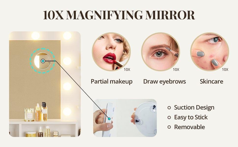 Sikaic Makeup Vanity with Mirror and Lights, 10x Magnifying Mirror & Power Outlets, Glass Top Vanity Desk Furniture Table