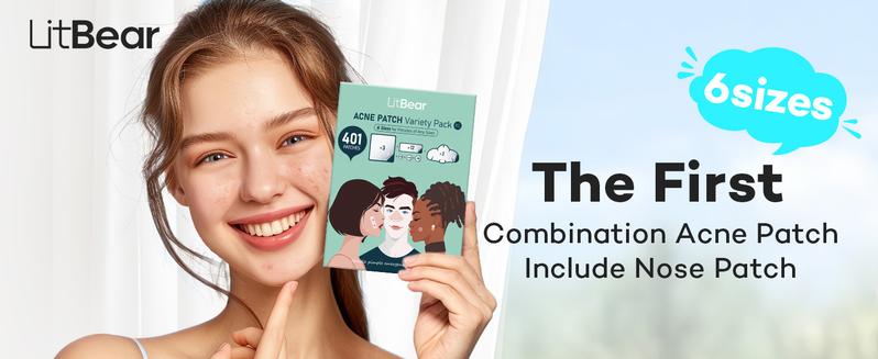 LitBear Large Pimple Patches for Face (6 Sizes 401 Patches), Big Hydrocolloid Acne Patches, XL Hydrocolloid Bandages for Body, Cheek, Forehead, Chin, Full Face, Back, Nose, Acne patch & Pimple patch