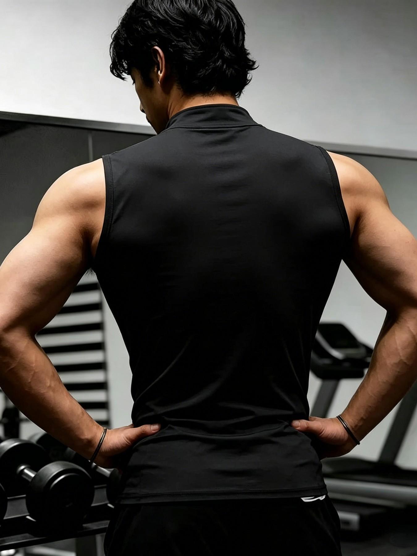 Mens Gothic Logo Quick Dry Sleeveless Shirt | Muscle Fit Half Zip Workout Tank | Gym Bro Streetwear Fitness Top