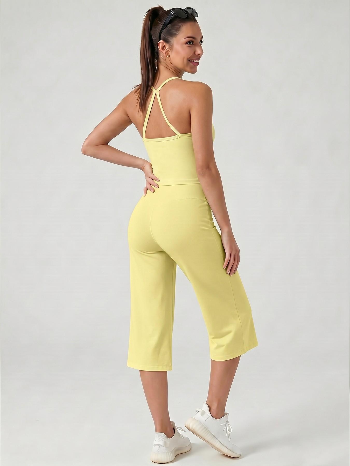 Women's Sporty Fitted Tank Top & High-Waisted Wide-Leg Pants Set, Breathable Solid Color, Ideal for Yoga, Casual Wear, Home Comfort, Athleisure Summer Clothes