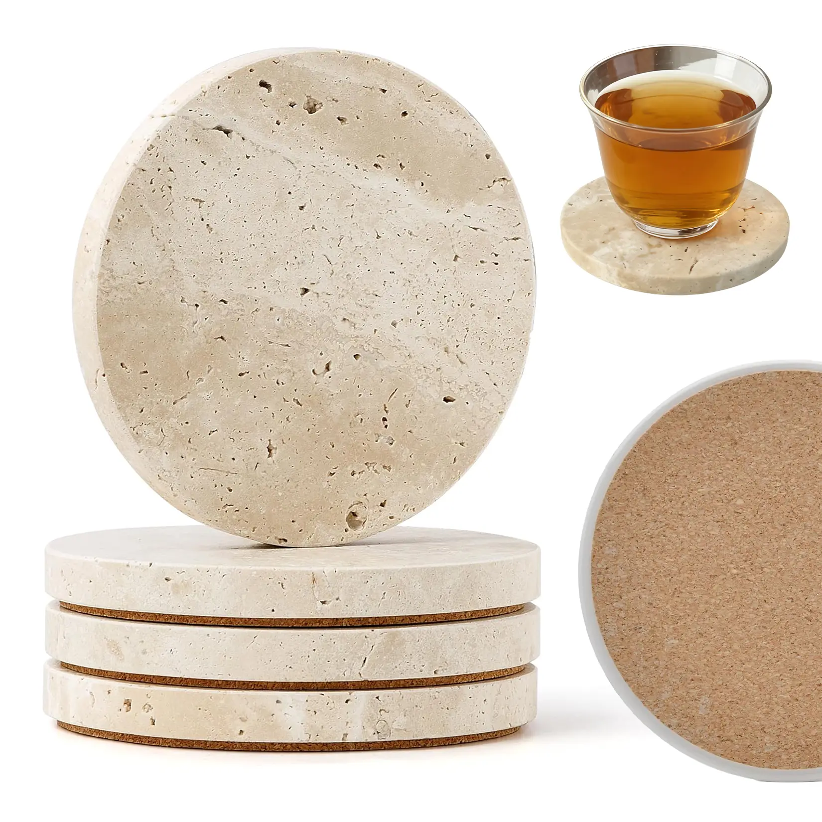 Natural Travertine Marble Coasters Set of 4, 4 Inch Round Stone Drink Mats with Thick Cork Base, Absorbent Cup Coasters for Coffee Bar Dining Table, Housewarming Gift