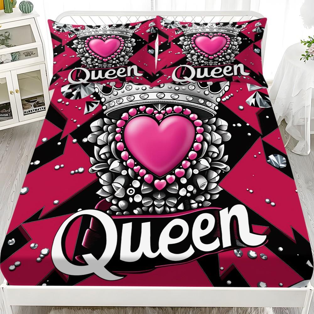 Valentine's Day Pattern Bedding Set, Soft Comfortable Sheet Set, Mattress Protector, Bedroom Guest Room Dorm Decor, Diverse Living Scenarios, 1 Fitted Sheet + 2 Pillowcases