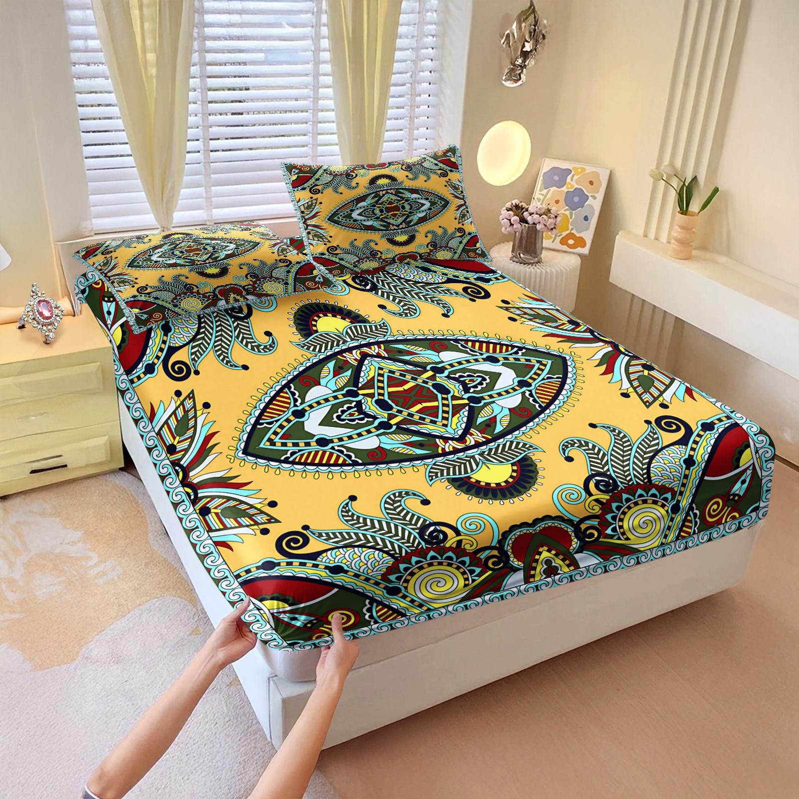 3Pcs Boho Paisley Printed Fitted Sheet Set, Vibrant Ethnic Style Bedding Set, Ultra-Soft Breathable Microfiber Bed Sheet Set, Deep Pocket All-Season Bed Linen, Ideal for Bedroom, Guest Room, Dorm Decor, Home Use