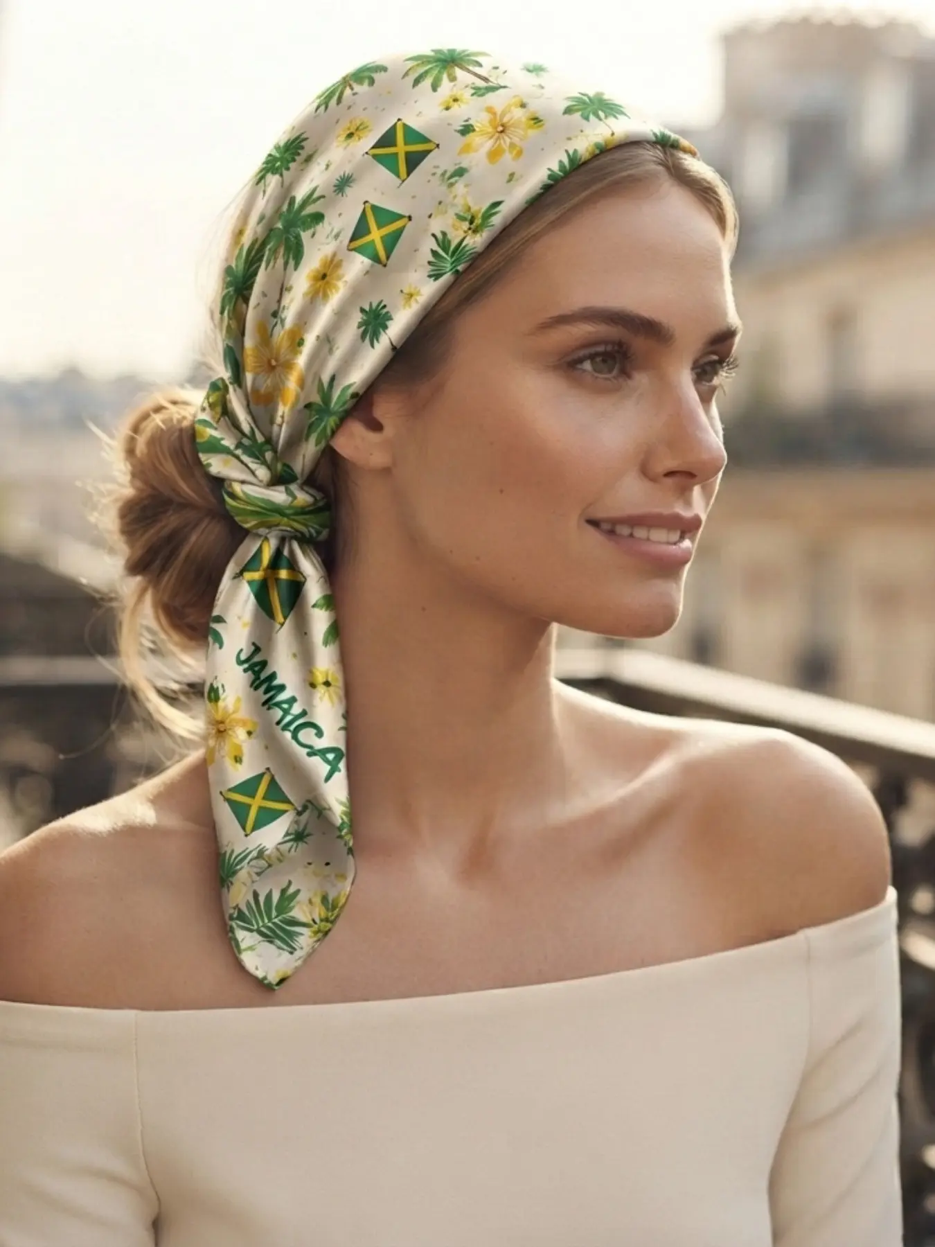 【Jamaica Culture】Scarf Shawl Wrap with Jamaican Flag, Palm Trees, Yellow Hibiscus & "Jamaica" Text – Ideal for Caribbean Music Festivals, Jamaican Cultural Events, Island Resort Wear, Tropical Vacations and Summer Celebration Outfits