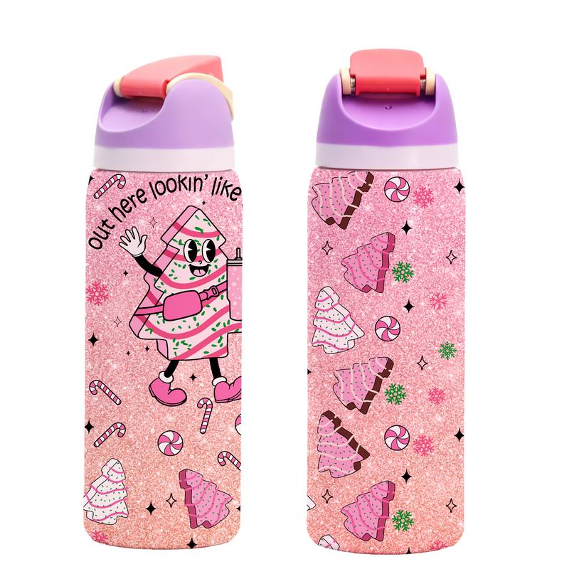 1 Pc19/24/32oz double wall insulated thermal mug, leak-proof skinny vacuum cup, Christmas cake and tree dessert pattern, pink background festive design, keeps hot 12 hours cold 24 hours, perfect gift for women men, holiday travel mug for hot cold drinks