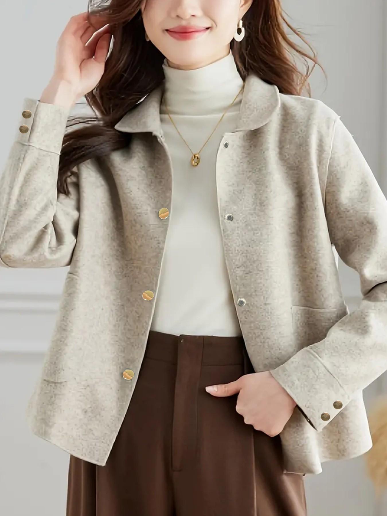 Women's Solid Button Front Pocket Pea Coat Jackets, Elegant Long Sleeve Collared Outerwear for Spring & Fall, Ladies Clothes for Daily Wear