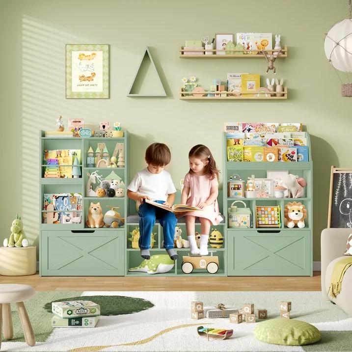 FOTOSOK Kids Bookshelf with Reading Nook, 75" W Kids Toy Storage Organizer with 2 Large Movable Drawers, Kid Bench for Playroom Kids Room Living Room