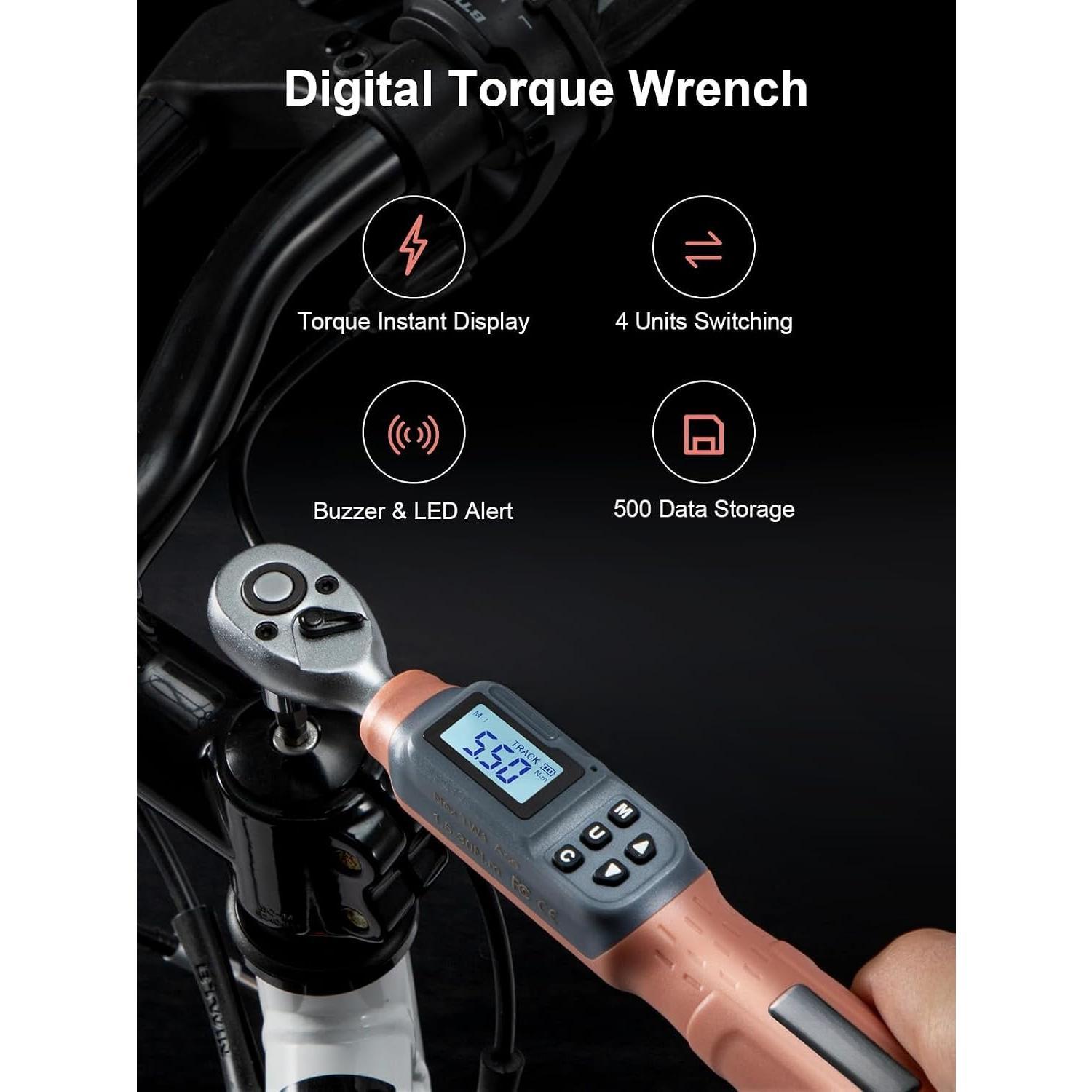 Digital Torque Wrench, 1/4'' Drive, 1.1-22.1 Ft-lbs/1.5-30 Nm Ft-lbs/Nm Inch-Pound Tool with Buzzer & LED, Set with Bits & Sockets for Gunsmithing