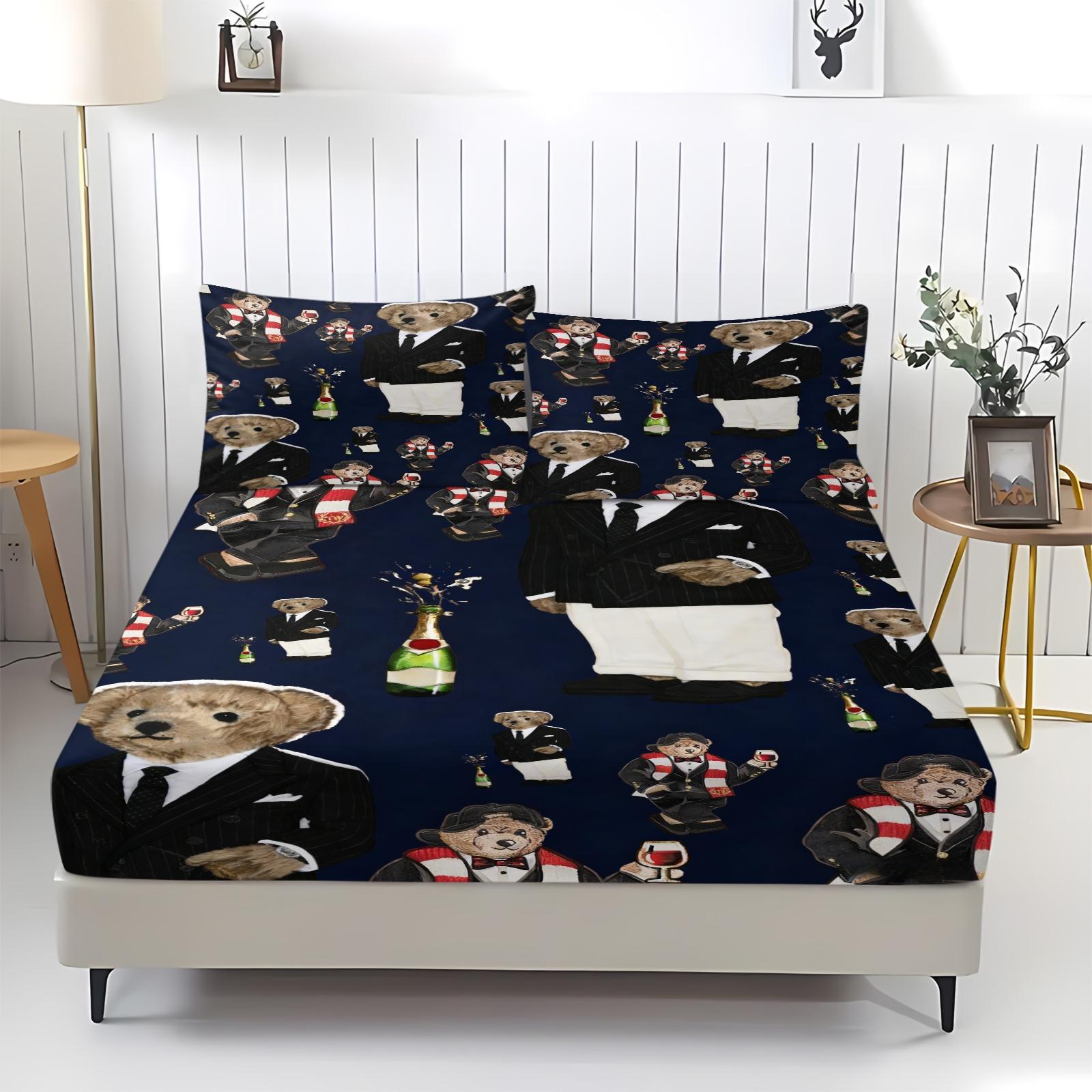 Teddy Bear Pattern Bed Sheet, Comfortable Printed Pattern, Includes 1 Bed Sheet and 2 Pillowcases, Comfortable Bedding, Non slip Dust Cover Suitable for Bedroom and Guest Room, Suitable as a Gift for Children or Adults, Bed Sheets Set