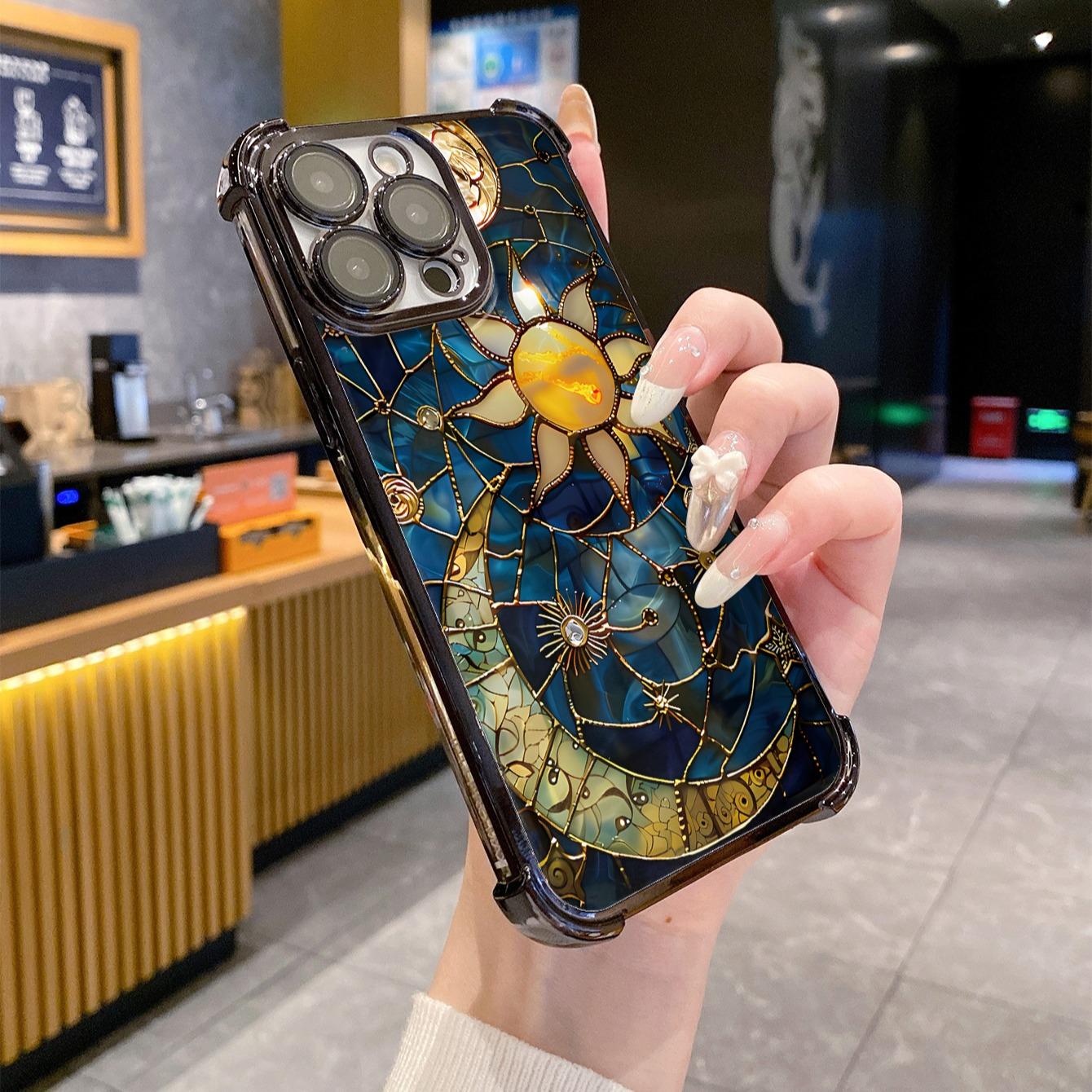 Four-corner anti-drop TPU phone case with sun and moon pattern design, suitable for iPhone 16 15 14 Pro Max 13 12 11 XR XS Plus, shockproof full camera protection, durable and slim silicone shell phone case Cover