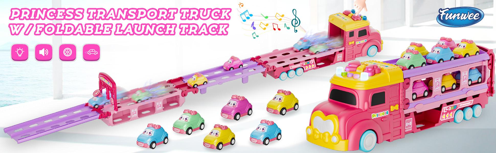 Durable Car Toys Unicorn Car for Age 2-7 Girls - Multifunction Foldable Track & 2 Player Race Mode Game with Light & Sound Push Transport Carrier Truck Kids Christmas gifts Warmed up for holiday