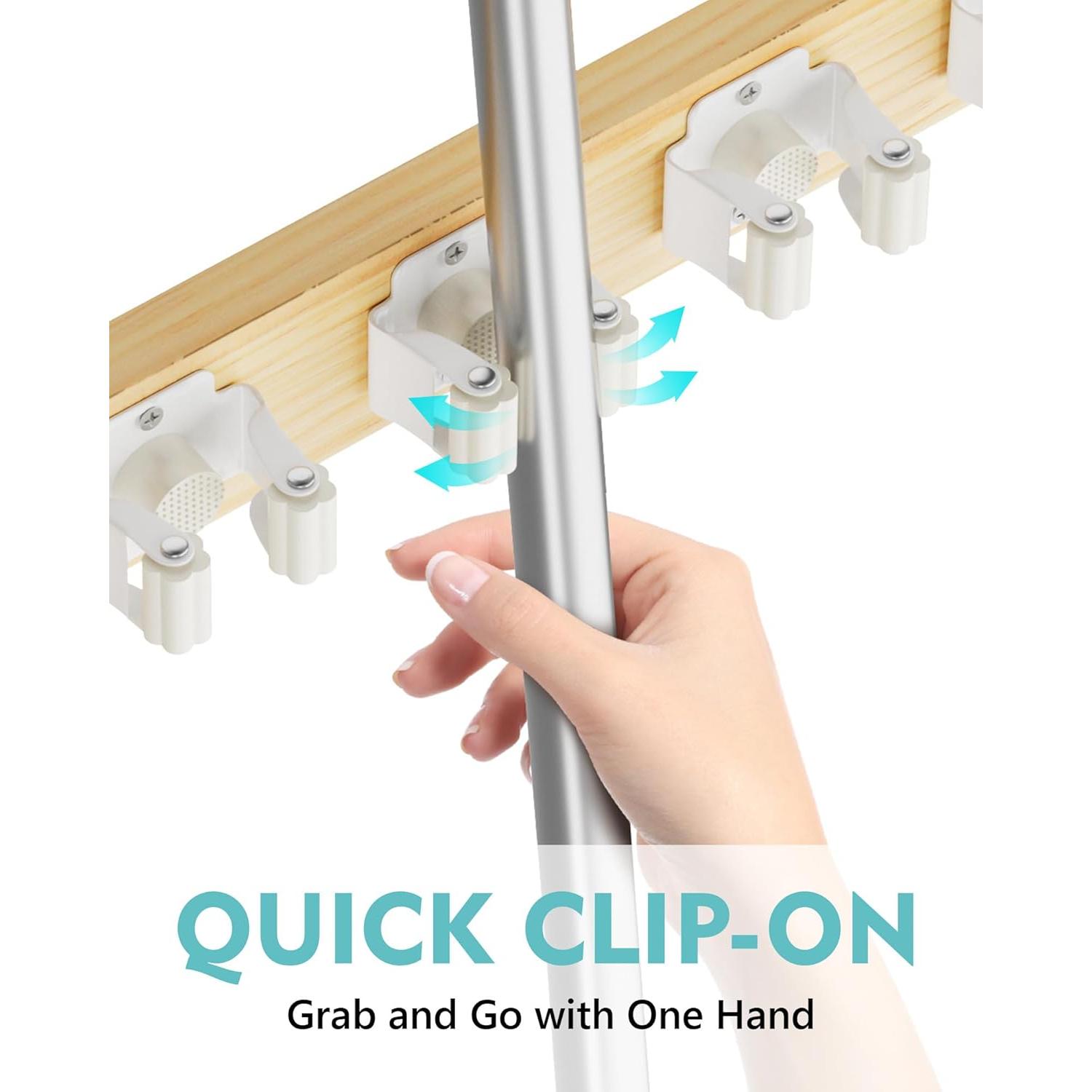Mop and Broom Holder Wall Mount, No Drill Over the Door Broom and Mop Holder with 4 Slots and 4 Hooks,  Tool Hanger for Laundry, Cabinet, Kitchen, Garage