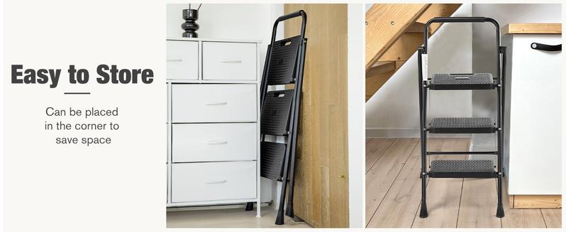 2/3 Step Ladder, 800lbs Sturdy Portable Ladder, Folding Step Stool with Wide Anti-Slip Pedal, Cushioned Handle, Lightweight Step Stool for Home Kitchen and Outdoor