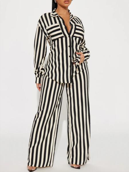 Women's black and white striped lapel long-sleeved button-down shirt and wide-leg pants set. Fashionable women's clothing for everyday wear and office use, perfect for all seasons.
