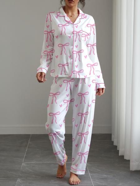 Women's Cute Bow Print Pajama Set,Valentine's Day Gift ，Fall & Winter Casual Homewear, Soft Elastic Fabric, Long Sleeve Shirt Collar Top & Pants