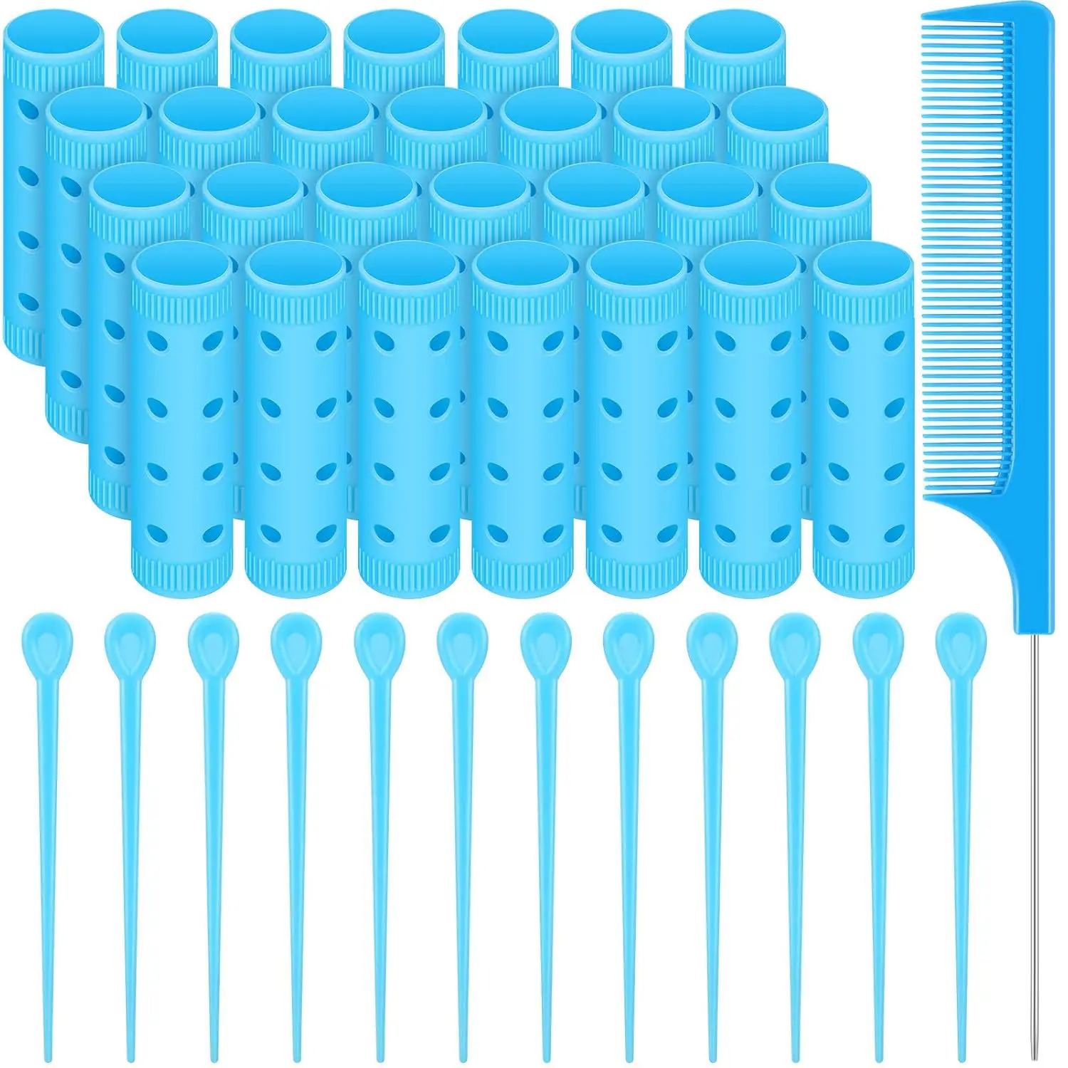 29 Pcs Small Size Hair Roller Set Includes 28 Plastic Smooth Rollers 0.63 Inch/ 1.6 cm Hair Curlers with Steel Pin Tail Comb for Short Long Hairdressing Styling Tools, Blue