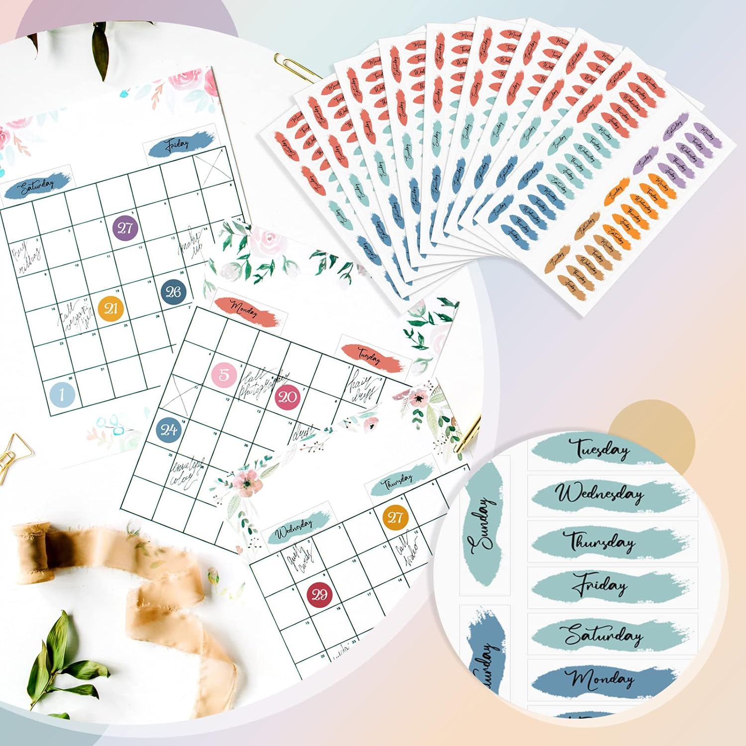 21 Sheets Date Planner Stickers Bundle Foiled Date Dots Date Covers Planner Stickers Foiled Date Covers Day of the Week in Rainbow Colors for  (12 Months and 42 Weeks)