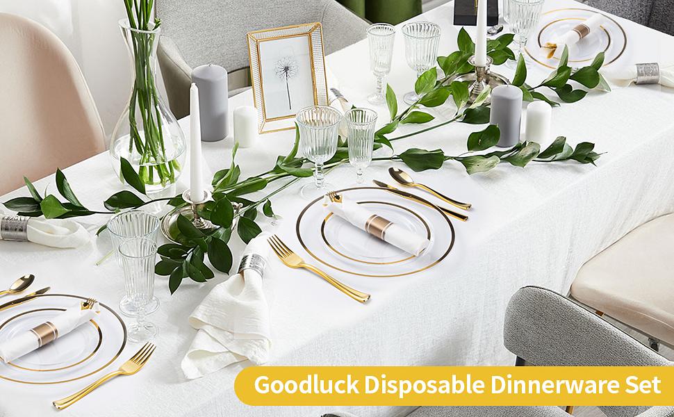 Goodluck 350PCS Gold Disposable Plates Set with Elegant Dinner Dessert Plates Napkins & Gold Cutlery Perfect for Weddings Christmas Birthday Parties & Baby Showers Safe BPA-Free Plastic Sturdy Durable Tableware for Special Events