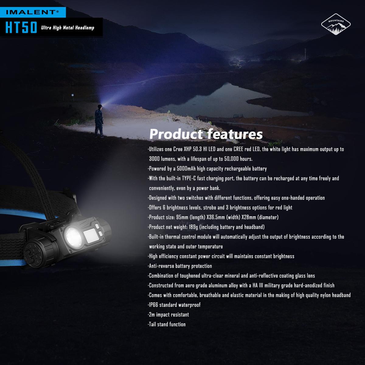 IMALENT HT50 Headlamp 3000 Lumen Led Rechargeable Flashlight, Super Bright Head Lamp with Red White Light for Camping, Outdoor, Running and Hiking