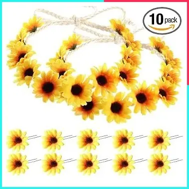 12 Pcs Sunflower Hair Accessories Set for Women Girls, 2 Boho Sunflower Crown Headbands with 10 Sunflower Hair Clips, Floral Headpiece for Festival Wedding Party Photoshoot