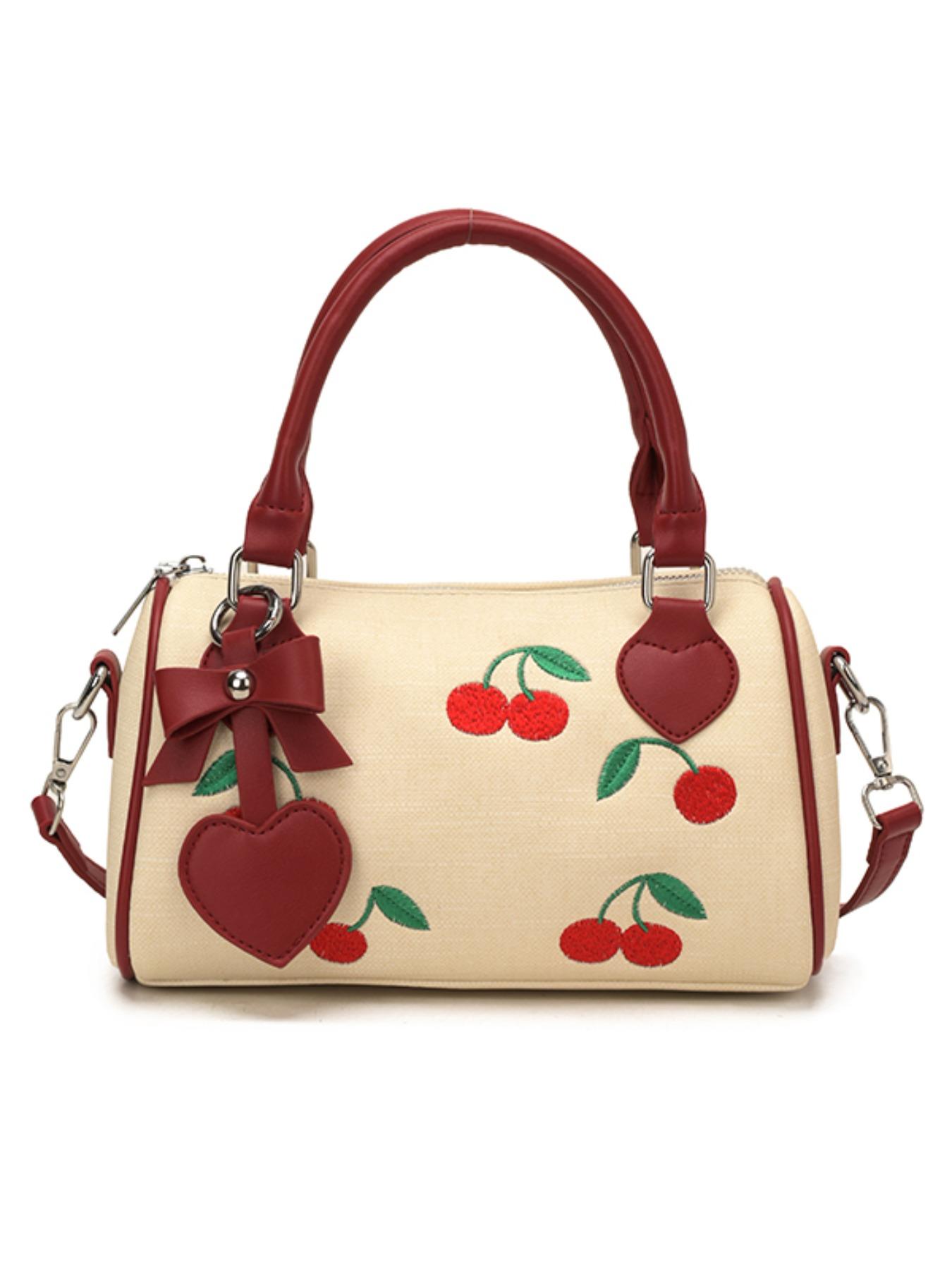 Sweet Cherry Boston Bag for Women, 2026 New Handbag, Cute Pillow Bag, Fashion Commute, Heart Charm, Full Cherry Print, PU Material