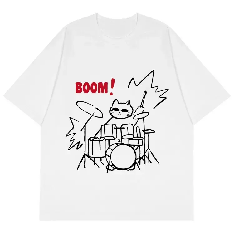 Unisex Funny Rock Drummer Cat Graphic Short-Sleeve Round Neck Regular Sporty Sports Top, Casual Loose-Fit Cotton Streetwear for Music Lovers