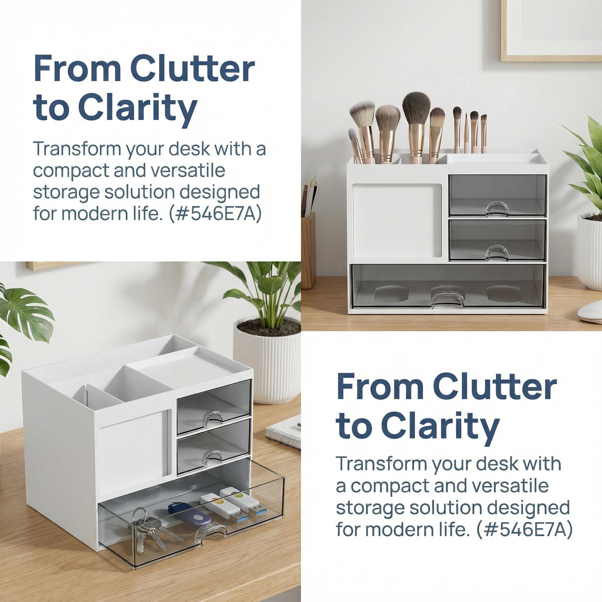 A desktop organizer with three drawers; a multi-functional pencil holder suitable for use in offices or at home; a desktop storage device with 8 compartments; available in white, perfect for storing art supplies in offices or homes.