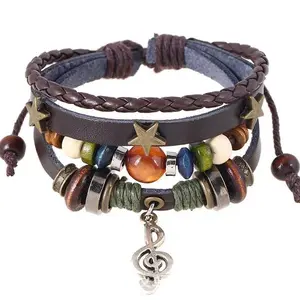 Handmade Hippie Design Brown Leather Bracelet Women Metal Star Note Charms Wood Button Beads Wrap Unisex Adjustable Bracelet